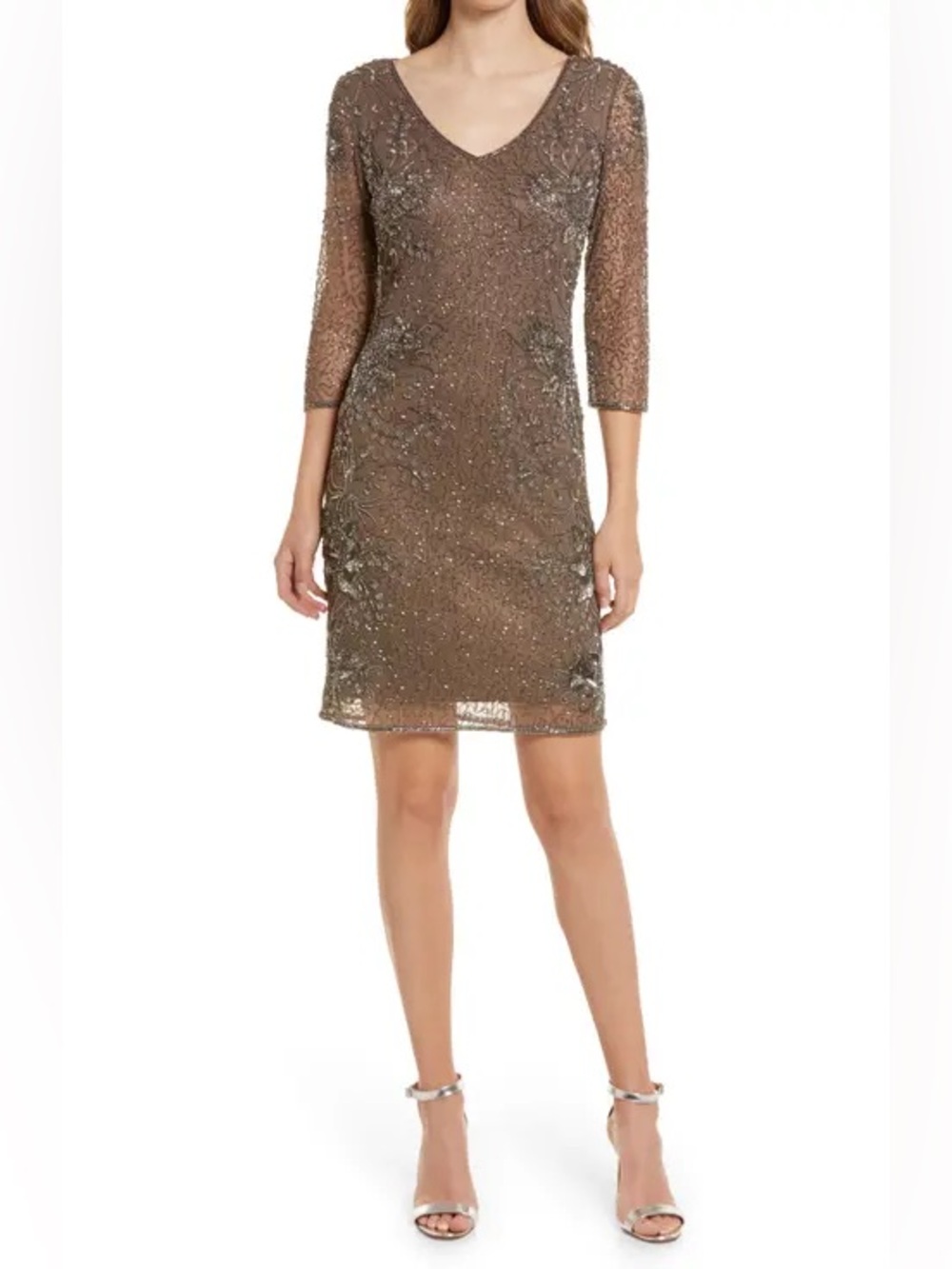 Pisarro Nights Beaded V-Neck Cocktail Mini Dress Long Sleeves Mocha Brown 10